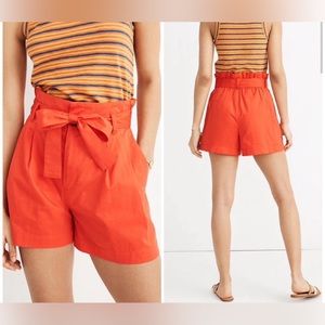 NWOT Madewell high-rise tie belt paperbag linen shorts, orange, size 12